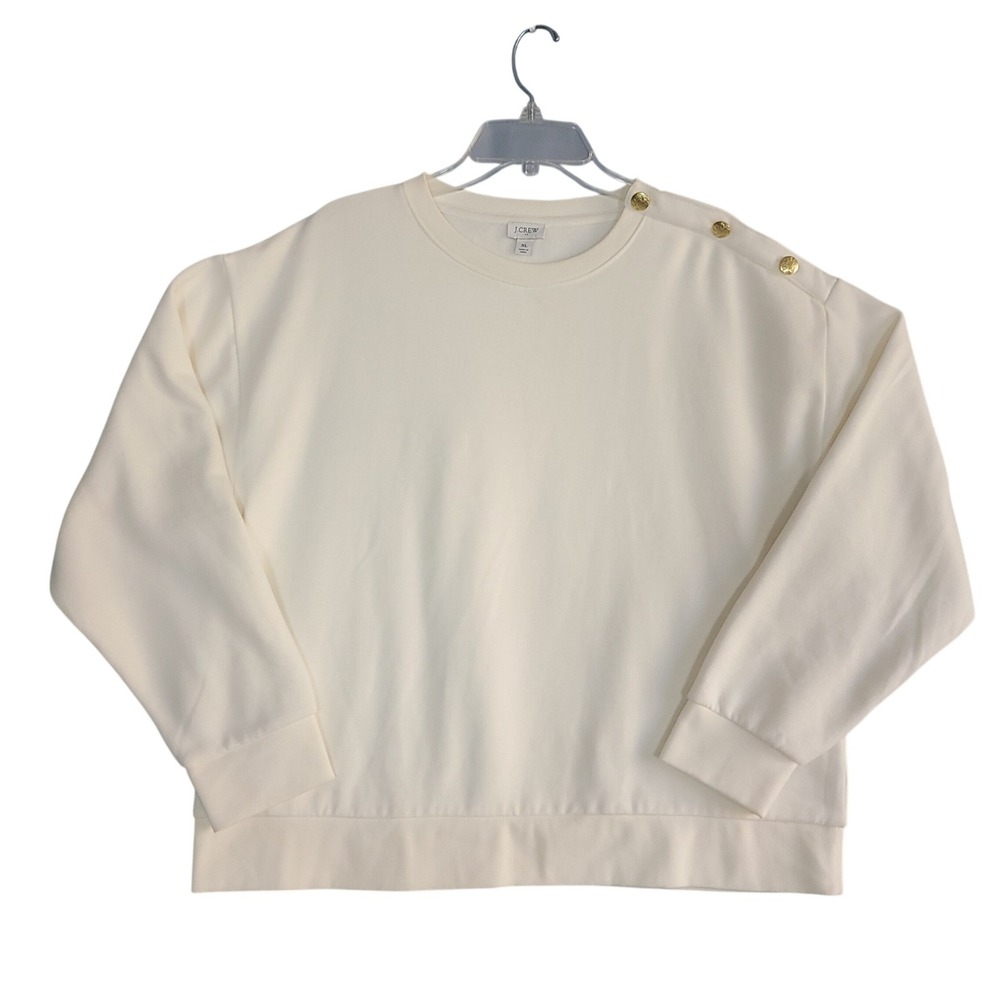 J.Crew Sweatshirt Women XL Cream Gold Shoulder Button Fleece Pullover